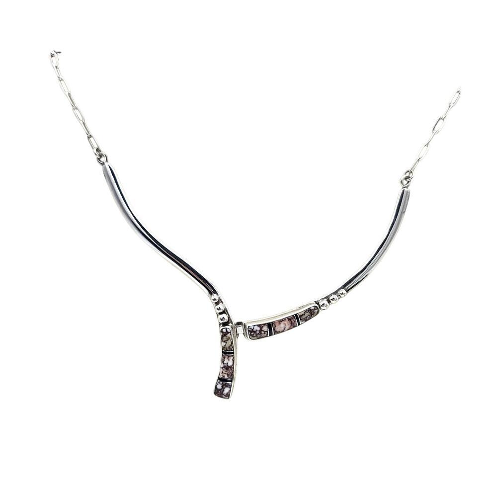 Rare Vtg Estate Sterling Silver Navajo Link Necklace Inlaid Wild Horse Magnesite